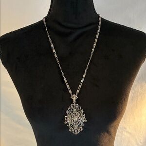 RARE Italian Renaissance Revival mermaid ornate long necklace in Silvertone VTG